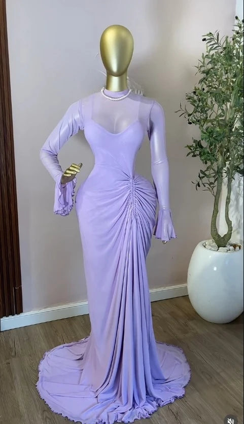 CM.YAYA Women's Flare Long Sleeve O-neck Ruched Mermaid Long Maxi Dress 2026 Street Mesh Sexy Party Cocktail Night Dresses