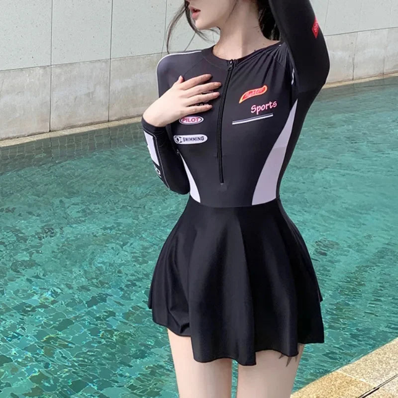 Racing Style Swimsuit Sexy Short Skirt Sweet Cool Spicy Girl Long Sleeved Conservative Belly Covering Surfing Vacation Swimwear