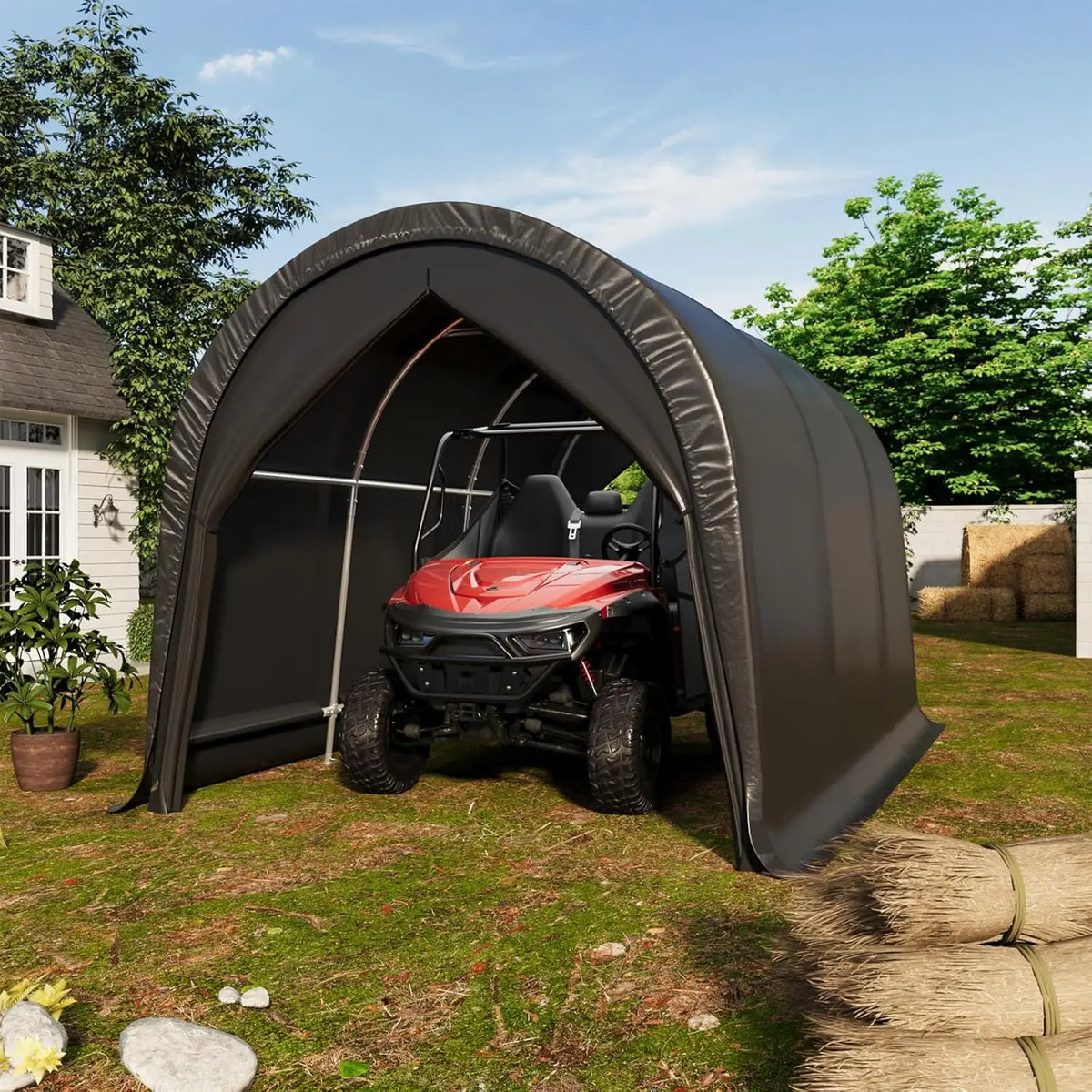 10x15FT Heavy Duty Carport Portable Garage All-Steel Frame Round Roof Anti-Snow Outdoor Shelter Car Truck Boat Storage, Custom