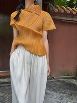 Miyake Pleated Summer New Asymmetrical Lapel Short-sleeved T-shirt