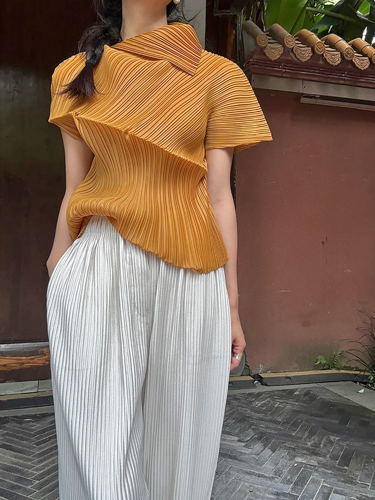 Miyake Pleated Summer New Asymmetrical Lapel Short-sleeved T-shirt