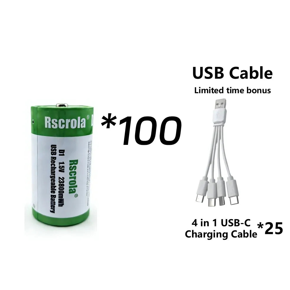 USB D Li-ion Rechargeable Batteries, High Capacity 1.5V 23800mWh Rechargeable D Battery, 4 H Fast Charge with Type C Port Cable