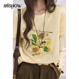 MISHOW Women's Mesh Splice Fake Two Piece Long Sleeve T-Shirt 2026 Summer Lemon Fruit Print Tee Loose Slim Casual Top MXF28T1696