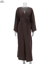 Oymimi Fashion Borwn Cotton Women's Dress Elegant V-Neck Long Sleeve Lace-Up Dresses Casual New Side Slit Ankle-Length Dresses