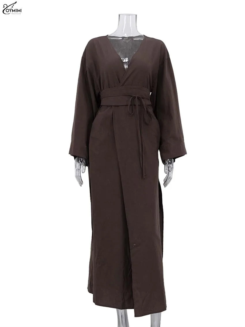 Oymimi Fashion Borwn Cotton Women's Dress Elegant V-Neck Long Sleeve Lace-Up Dresses Casual New Side Slit Ankle-Length Dresses