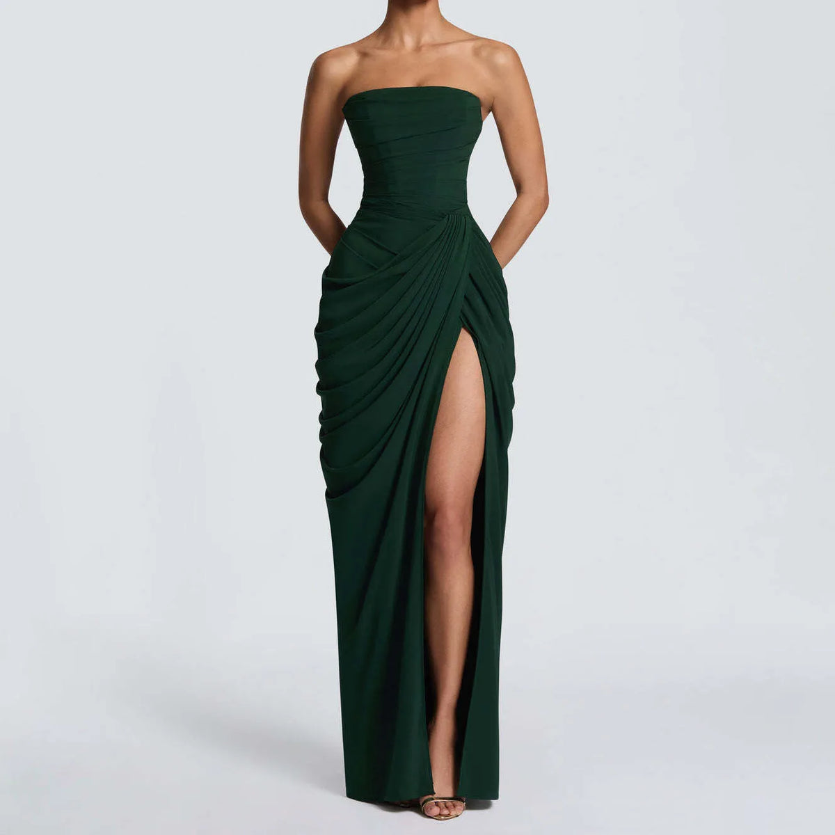 DEAT Fashion Ruched Slit Strapless Dresses Women's Sleeveless Bodycon Yellow Maxi Party Dresses New 7A4256
