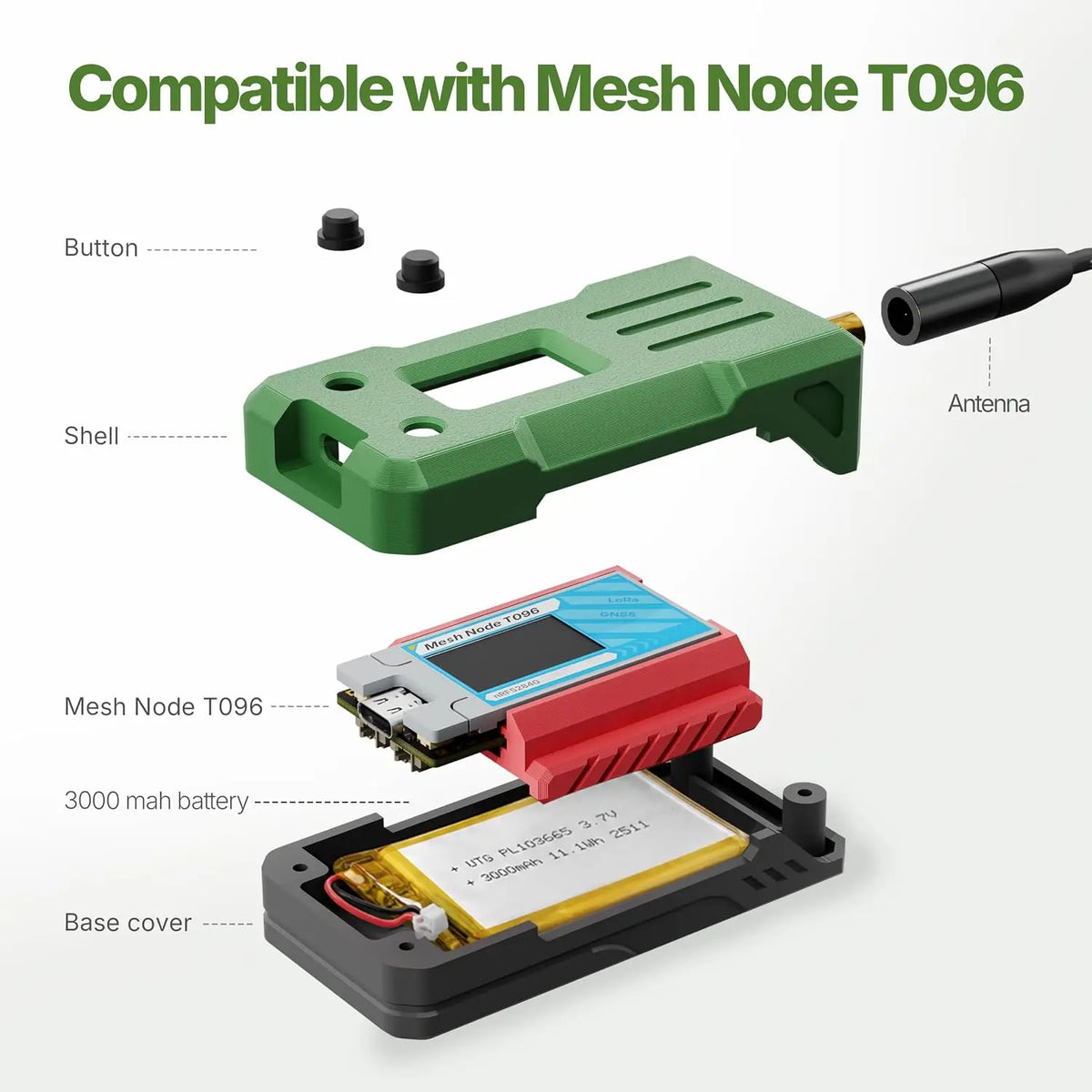 Heltec Mesh Node T096 Case Kit with 3000mAh Battery nRF52840 SX1262 LoRa Ultra-low Power BLE GNSS 28dBm Meshtastic MeshCore