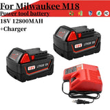 18V For Milwaukee M18 Power Tool Battery, Charger, BR, XC, 18V, 12800mAh M18B5, 48-11-1860, Built-in 18650 Battery