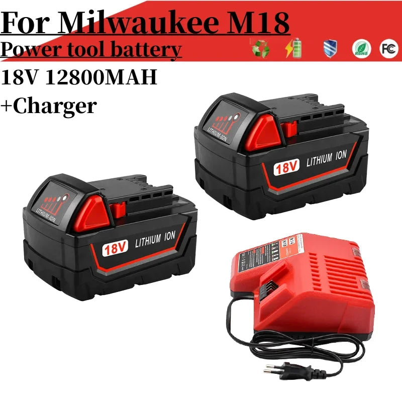 18V For Milwaukee M18 Power Tool Battery, Charger, BR, XC, 18V, 12800mAh M18B5, 48-11-1860, Built-in 18650 Battery
