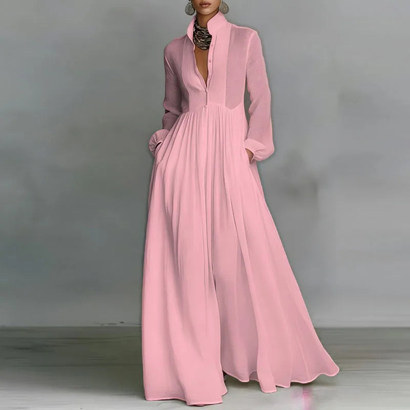 Spring Elegant Pocket Maxi Shirt Dress Women Long Sleeve Button-Down Flowy A-Line Dress Summer Beach Vacation Boho Party Dresses