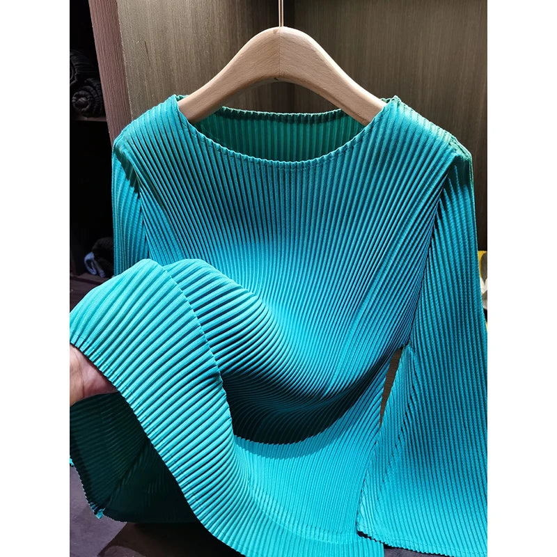 LANMREM High-end Turquoise Women's Pleated T-hsirt Flared Sleeve Long Sleeve Loose Fit Casual Stylish Pullover Top 2DB7543
