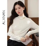 ALXNAN Women's Long-sleeve T-Shirt New Autumn Inner Lining Turtleneck Button Decoration Slim Versatile Pullover L57528-1 L58908