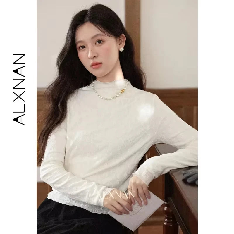 ALXNAN Women's Long-sleeve T-Shirt New Autumn Inner Lining Turtleneck Button Decoration Slim Versatile Pullover L57528-1 L58908