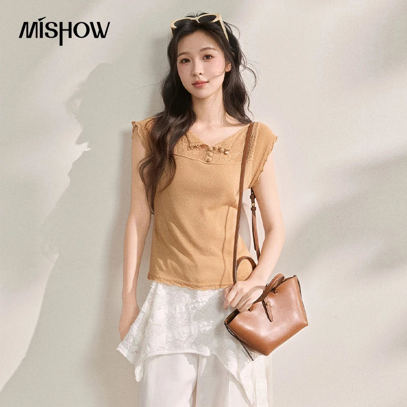 MISHOW Cool Linen Flying Sleeve Knitted Lapel T-shirt 2026 Summer Casual Style Tees Hollow-out Hook Flower Design Top MXF16Z3033