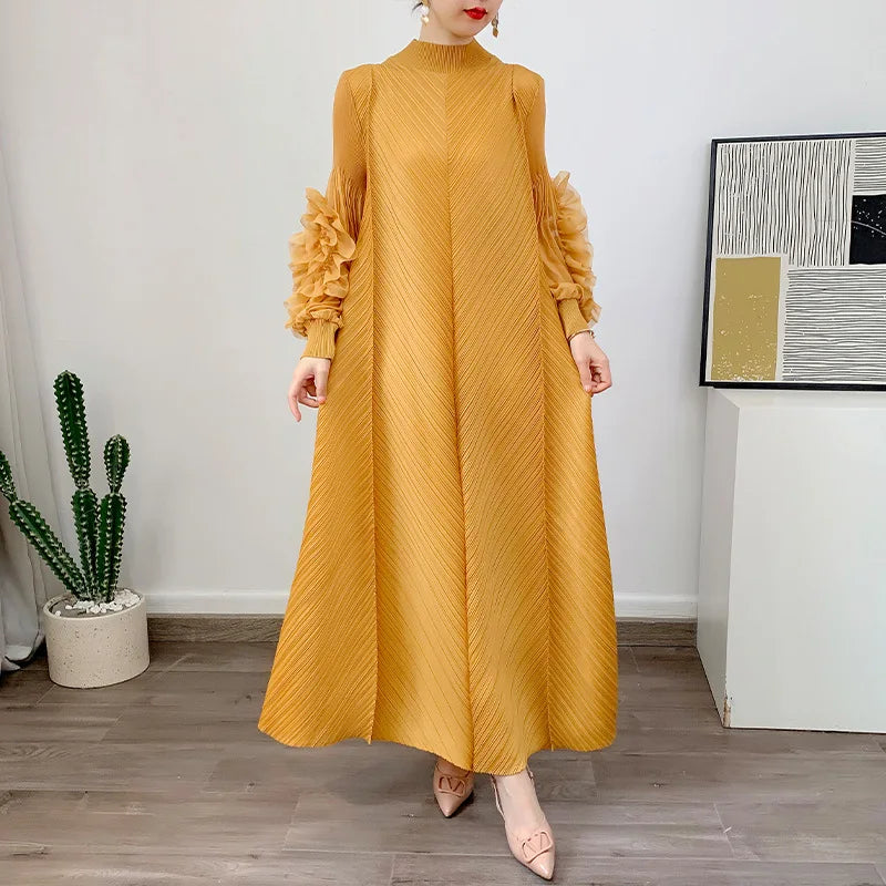 YUDX Luxury Purple Miyake Pleated High Neck Maxi Evening Dress, Ruffle Sleeve Women's Wedding Guest Ramadan Party Dress 2026 New