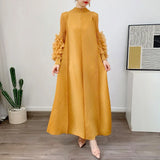 YUDX Luxury Purple Miyake Pleated High Neck Maxi Evening Dress, Ruffle Sleeve Women's Wedding Guest Ramadan Party Dress 2026 New