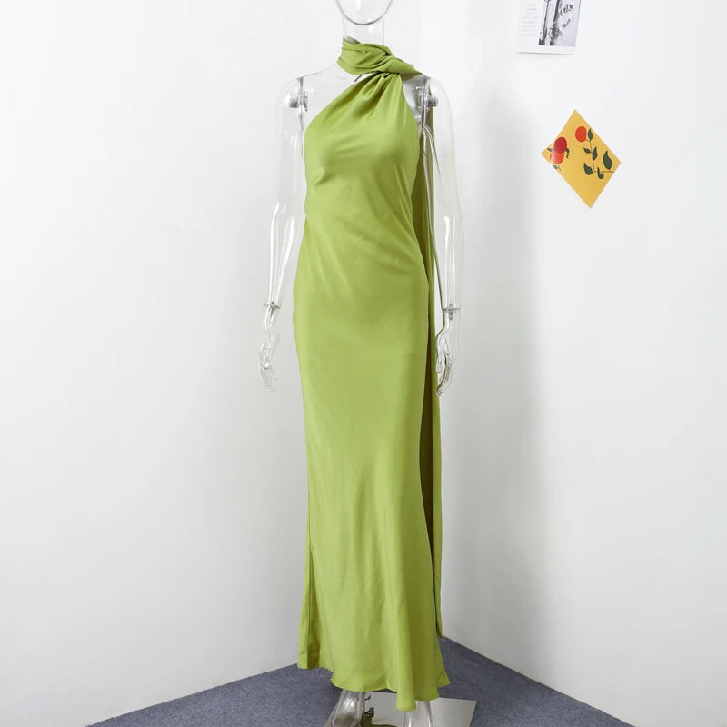 Sexy Satin Ribbon Party Dress Women Elegant Halter Backless Off Shoulder Sleeveless Female Dresses 2026 Summer Solid Robe Gown
