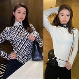 Moon Print Slim Fit Long Sleeve T-Shirt High Collar Embroidery Base Shirt Commute Style Spring Season Ladies Fashion