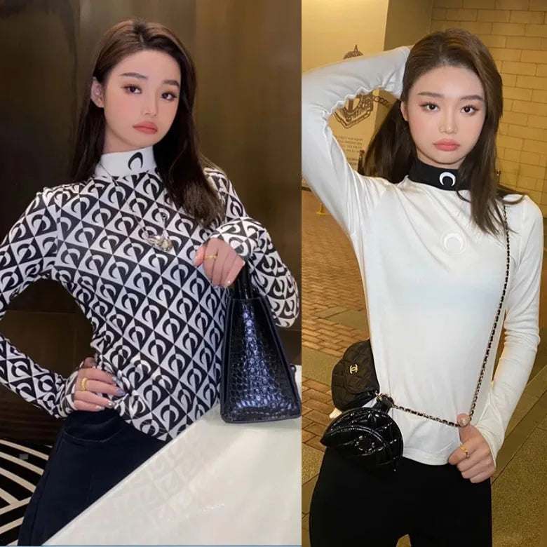 Moon Print Slim Fit Long Sleeve T-Shirt High Collar Embroidery Base Shirt Commute Style Spring Season Ladies Fashion