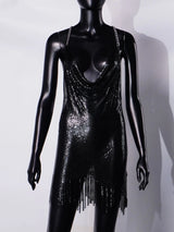 Halloween Women Metal Sequins Dress Sexy Backless Tassel V Neck Sleeveless Mini Dress Rave Festival Party Evening Dresses