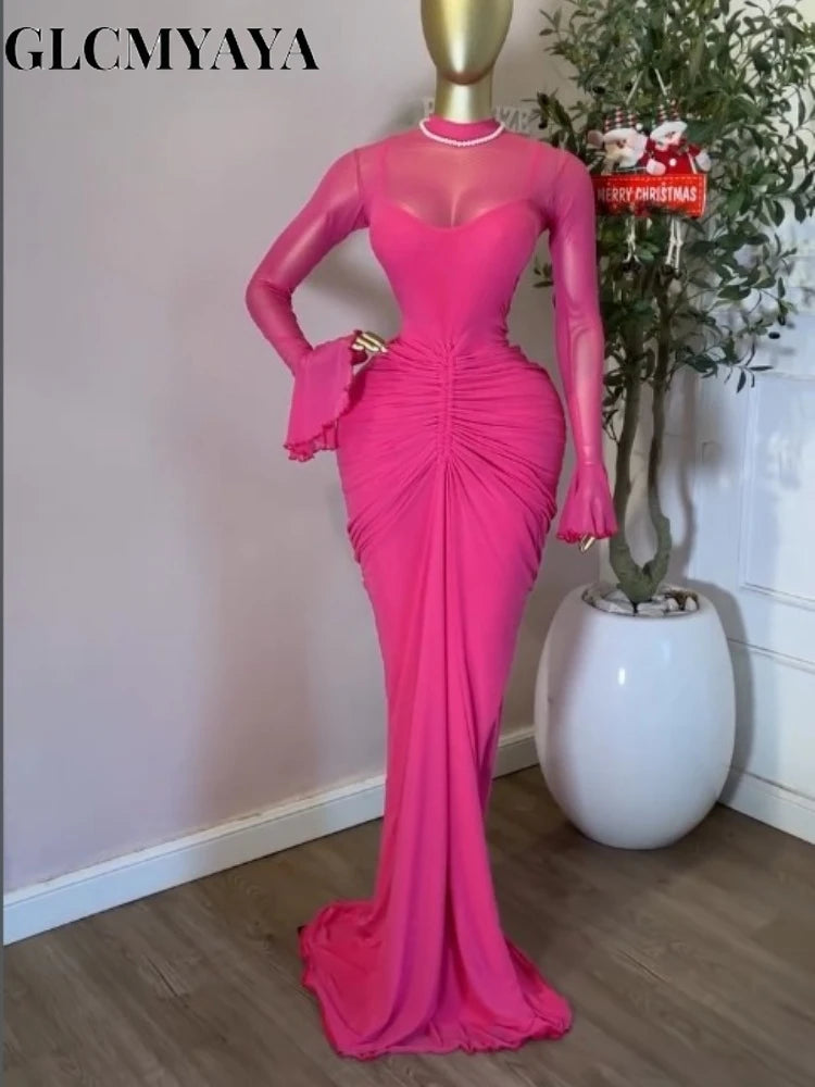 CM.YAYA Women's Flare Long Sleeve O-neck Ruched Mermaid Long Maxi Dress 2026 Street Mesh Sexy Party Cocktail Night Dresses