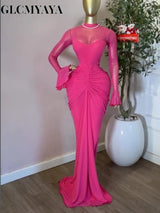 CM.YAYA Women's Flare Long Sleeve O-neck Ruched Mermaid Long Maxi Dress 2026 Street Mesh Sexy Party Cocktail Night Dresses