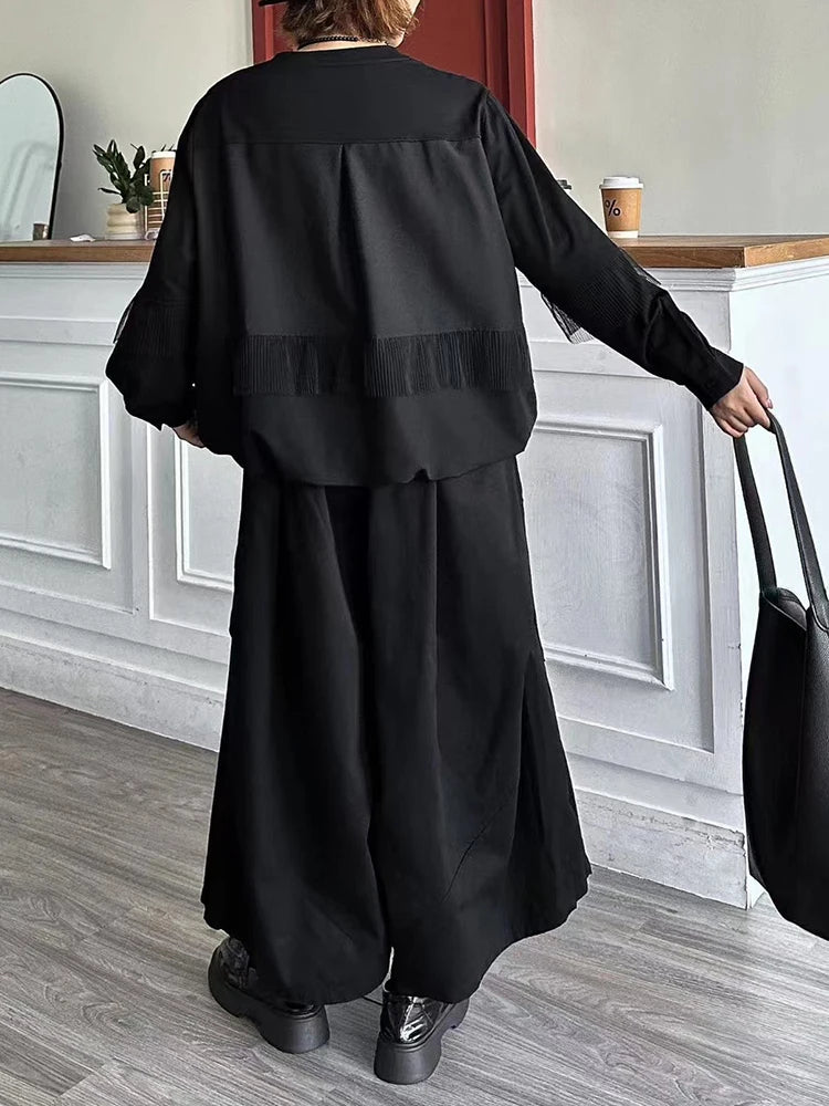 [EAM] Women Balck Mesh Ruffles Spliced Big Size T-shirt New Round Neck Long Sleeve Fashion Tide Spring Autumn 2026 1DJ9332