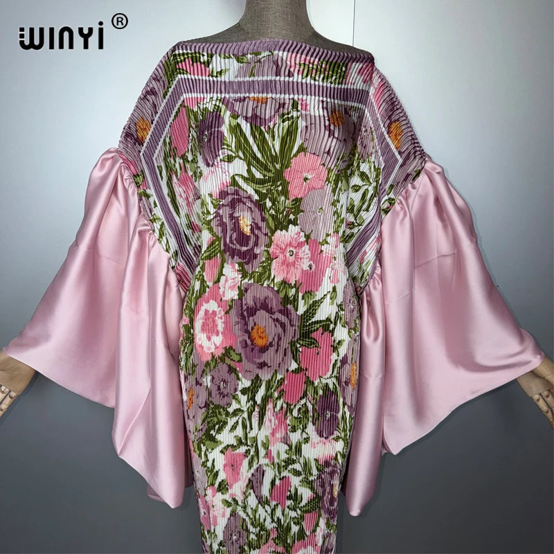 WINYI Bubble Sleeve Pleated Dress Beach Cover Up Kaftan Abaya Dubai Luxury Party Dress Long Down Muslim Woman Evening Dress