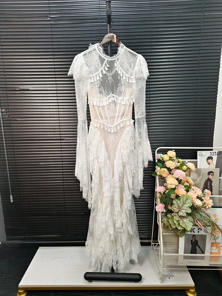 IEQJ Summer Stand Collar Lace Tassel Hollow Out Flare Sleeve Dress Women Boned Waist Tiered Mermaid Dresses New 3A2709