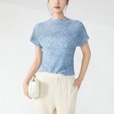 LANMREM Chic Printting Top Women's Elastic Slim Pleated Design Short Sleeve T-shirts 2025 New Stand Collar Pullover Tee 2DB3274