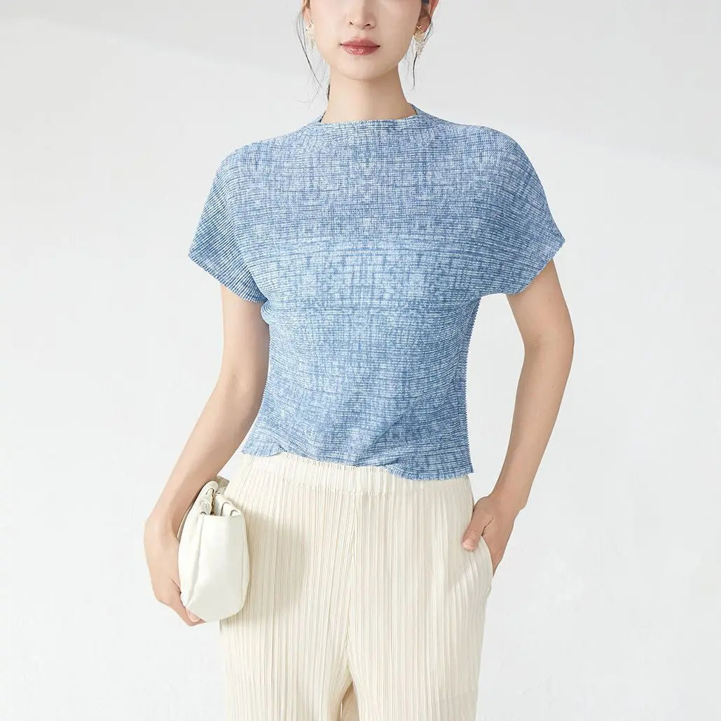 LANMREM Chic Printting Top Women's Elastic Slim Pleated Design Short Sleeve T-shirts 2025 New Stand Collar Pullover Tee 2DB3274