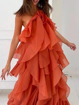 TWOTWINSTYLE Solid Spliced Ruffles Elegant Dresses For Women Halter Sleeveless High Wasit Backless Loose Dress Female Fashion
