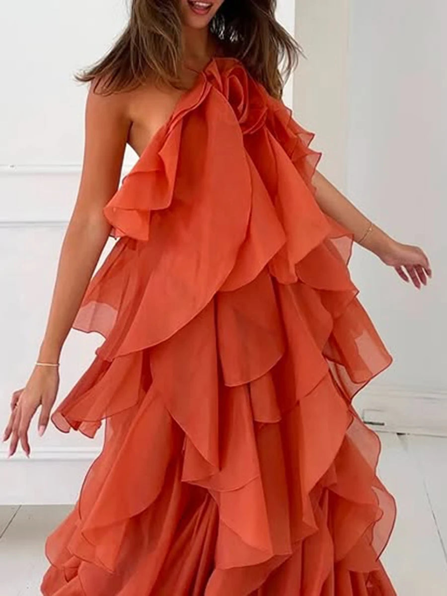 TWOTWINSTYLE Solid Spliced Ruffles Elegant Dresses For Women Halter Sleeveless High Wasit Backless Loose Dress Female Fashion