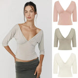 With Jean V-Neck Pleated Mid-Sleeve Top, High-Waisted Pleated Slit Midi Skirt, Slim-Fit Drapey Hot Girl Style Bodycon Skirt