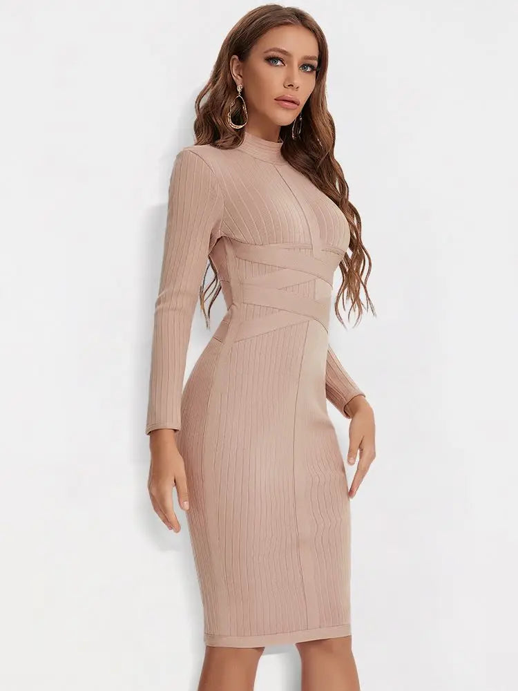 BEAUKEY Sexy Red Bandage Dress 2023 Nude Turtleneck Long Sleeves Office Bodycon Dress Cross Criss Women Midi Vestidos Maxi XL
