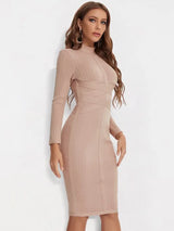 BEAUKEY Sexy Red Bandage Dress 2023 Nude Turtleneck Long Sleeves Office Bodycon Dress Cross Criss Women Midi Vestidos Maxi XL