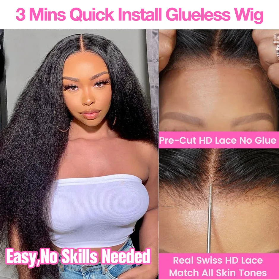 Glueless Kinky Straight Lace Front Human Hair Wig Yaki Straight 13x6 HD Lace Frontal Wig 7x5 HD Transparent Lace Closure Wigs