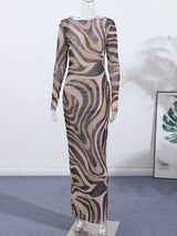 Elegant Print Mesh Long Dress For Women Sexy Deep O-neck Sleeveless Perspective Maxi Dress Lady Summer Chic Beach Robes