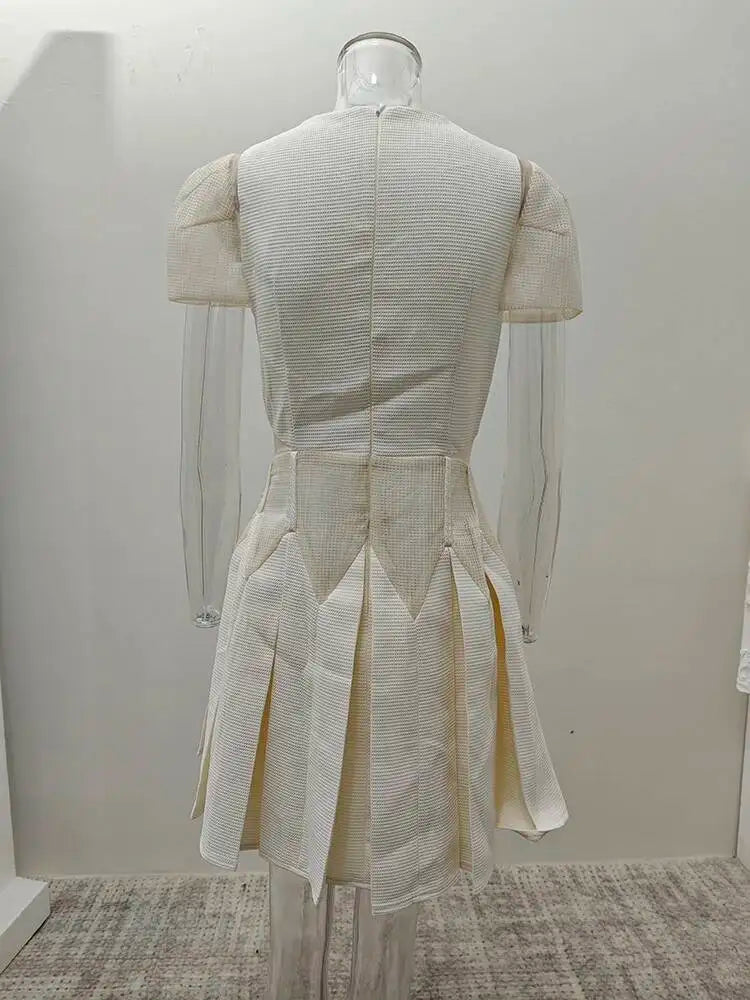 DEAT Elegant Dress Embossed Hollowed-out Short Sleeved Pleated A-line Women's Evening Party Dresses 2026 Summer New Tide 35Z4328