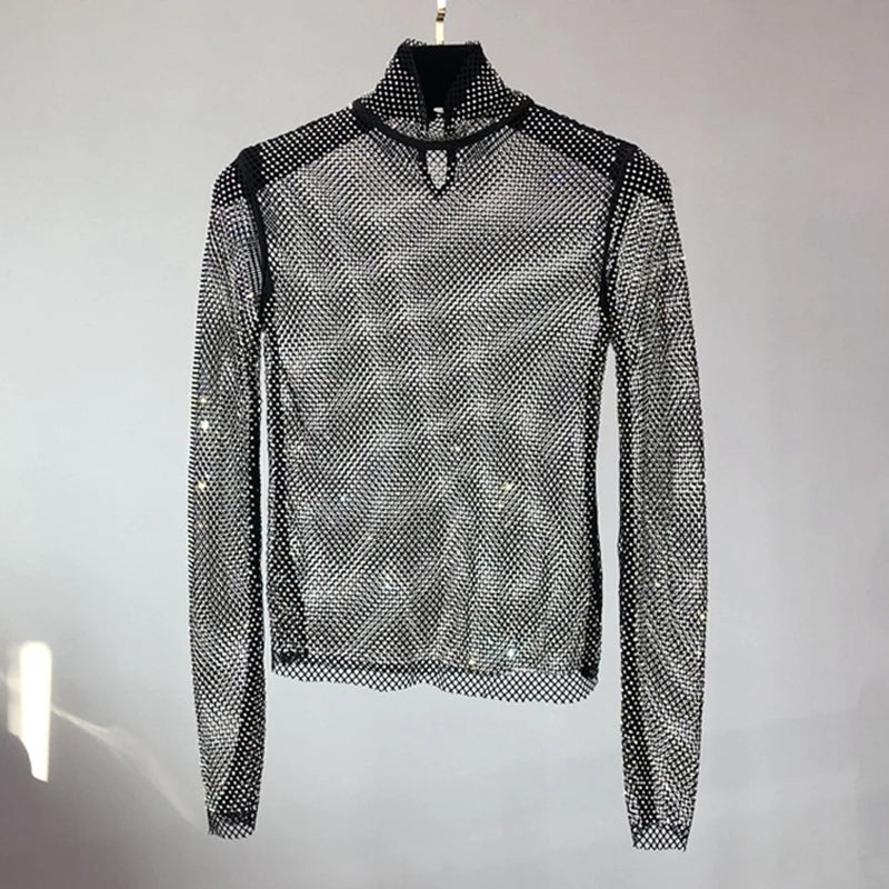Glittering Mesh Diamond Hollow Out T Shirts Sexy Long-Sleeved Turtleneck Women Hollow Sequined Shirt Party Clubwear Wholesale