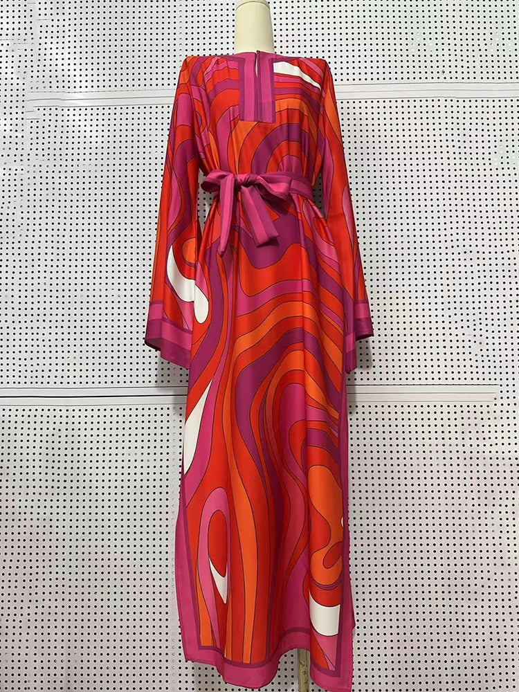 Retro geometric positioning printed lace up semi open collar pullover dress for women's fashion, loose fit plus slit skirt