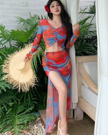 Large Size 5XL Women Bikini Four-piece Split Hot Spring Swimwear Beach Sexy Vacation Long Sleeve Fashion Pool Party Swimsuit Set