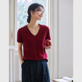 VIMLY Women's Casual V-neck Loose T-Shirt 2026 Summer Short Sleeve Cotton Blend Simple Commute Pullover Versatile Tees Top A0811