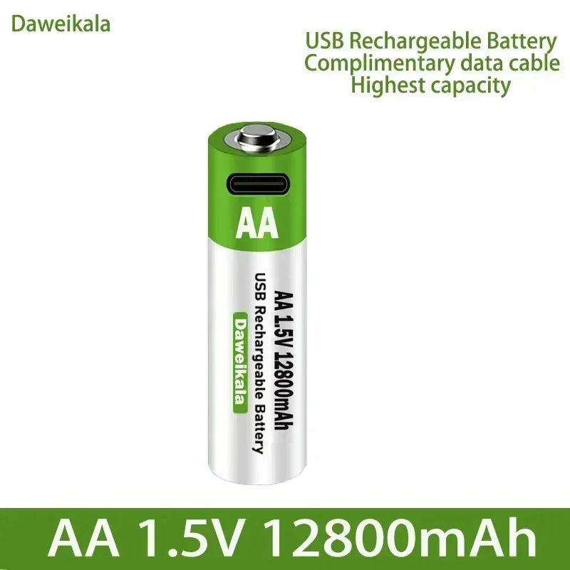 2025 High capacity 12800mAh USB AA 1.5V Li-ion Rechargeable Battery for Remote Control Mouse Electric Toy Battery + Type-C Cable
