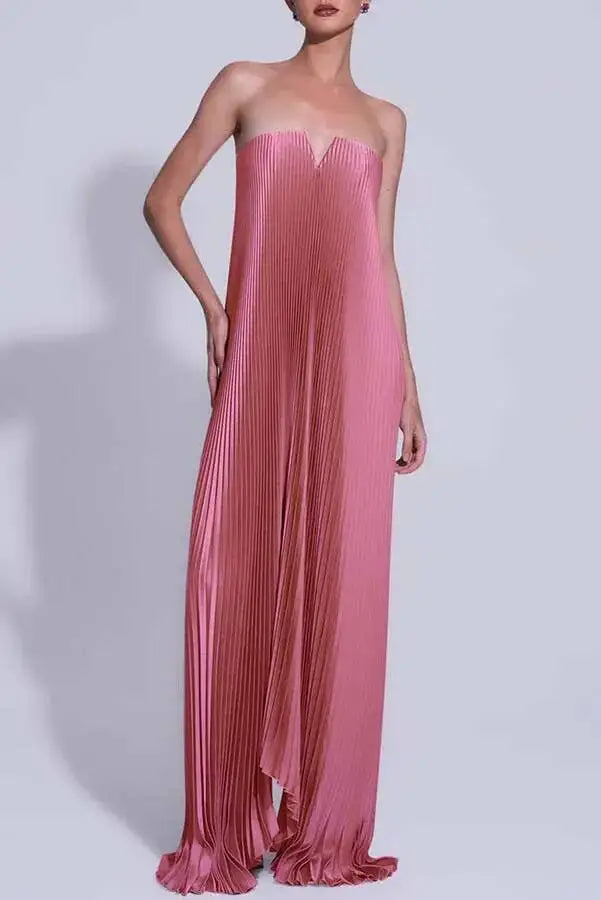 Sexy Strapless High Waist Evening Gown For Women Fashion Off Shoulder Pleated Party Dress Elegant Hollow Sleeveless Long Dresses