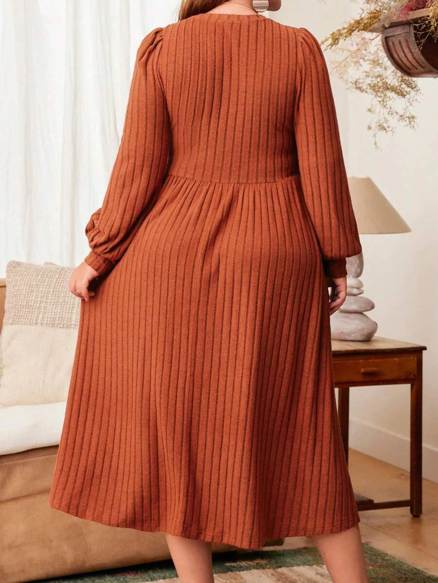 Plus Size Women's Autumn and Winter Dresses, Solid Color Round Neck Long Sleeve Dress Maxi Dress, Autumn and Winter Plus Size Wo