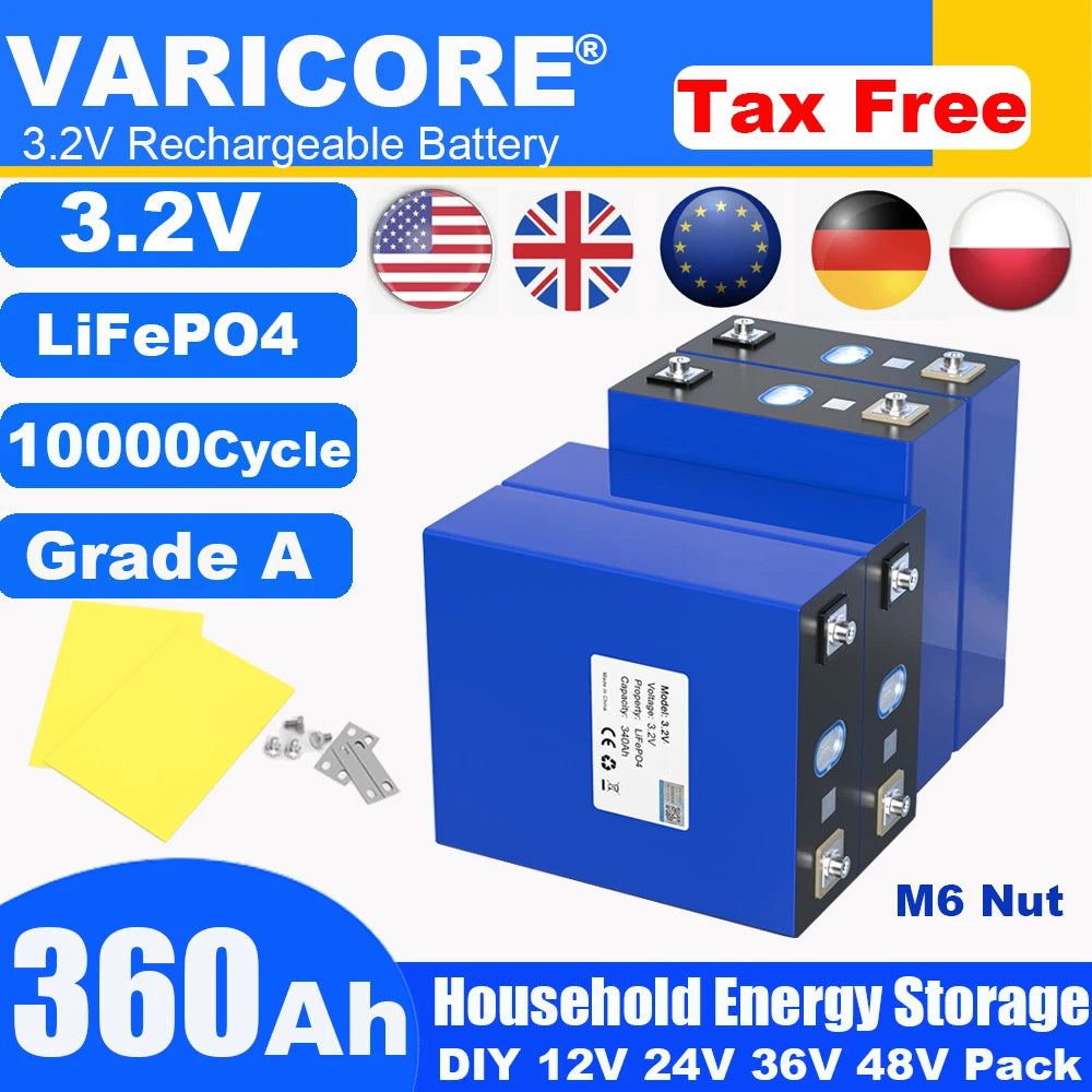 Grade A 3.2V 360AH 340Ah Battery LiFePO4 Lithium Iron Phospha for 12V 24V 4S E-scooter RV Solar Energy Storage System Duty-free