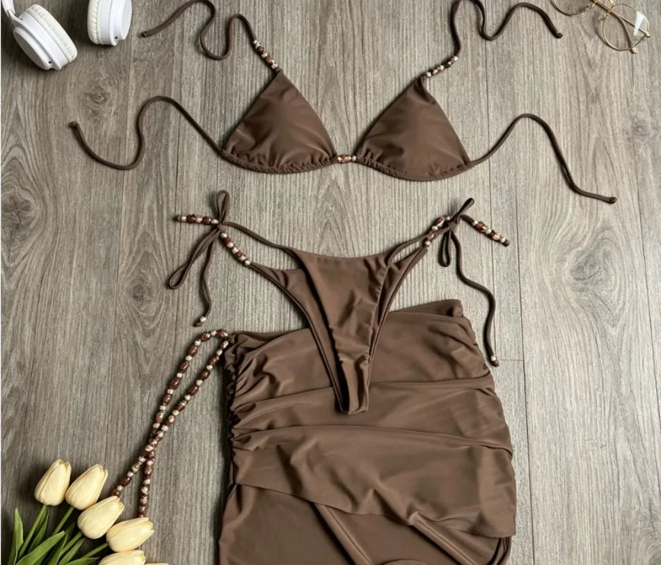 sexy beads plain bikinis sets three pieces with wrinkled long skirts swimsuits bathing suit swimwear biquini tankini trikini
