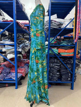 Long Maxi Dresses for Curvy Women Round Neck Spring Summer Dress Waist Slimming Floral Print Elegant Green Party Dresses Pleated