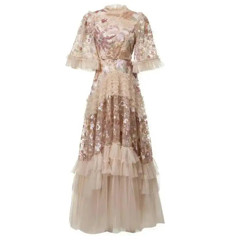 QMQA Fashion Women's Elegant Dress Embroidery Sequin Flare Sleeve Ruffle Puff Cake Dresses 2027 Summer New Female Clothing QM648
